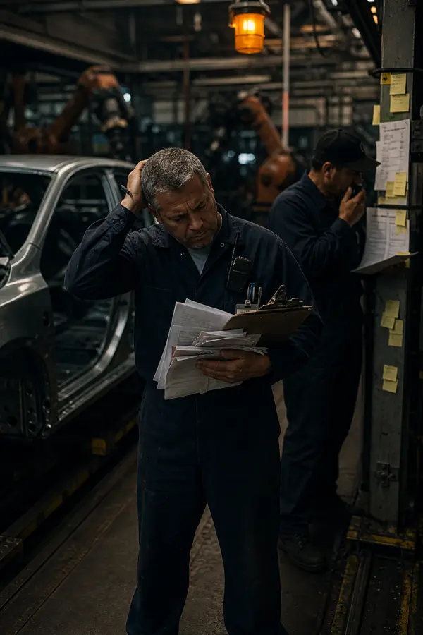 Operator holding work orders beside a stopped assembly line