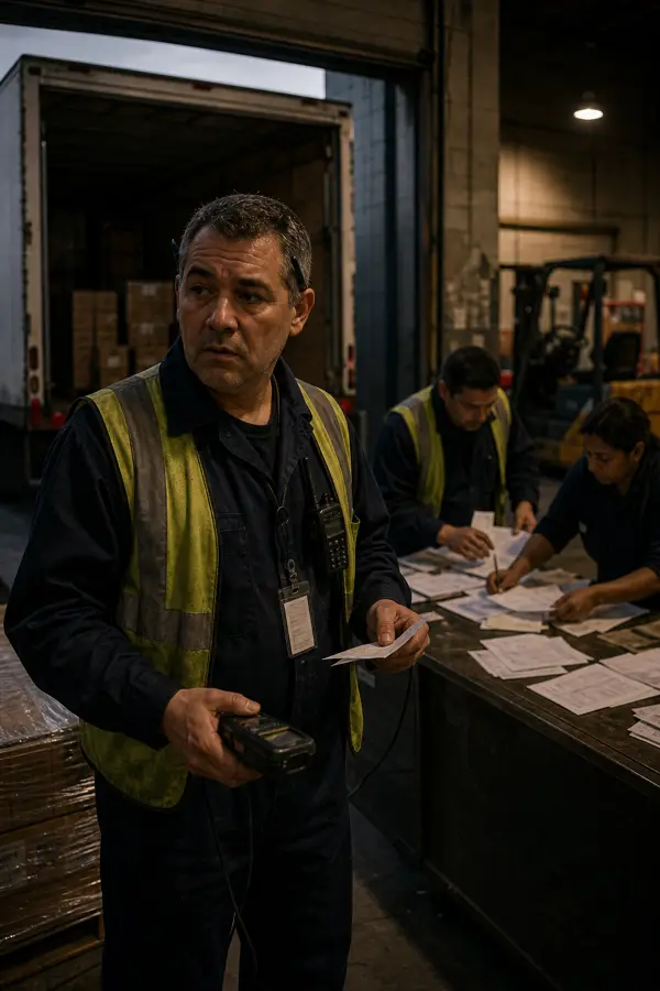 Receiving operator with paperwork at a warehouse dock
