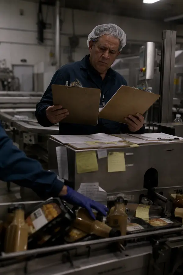 Operator comparing two clipboards over a packaging line